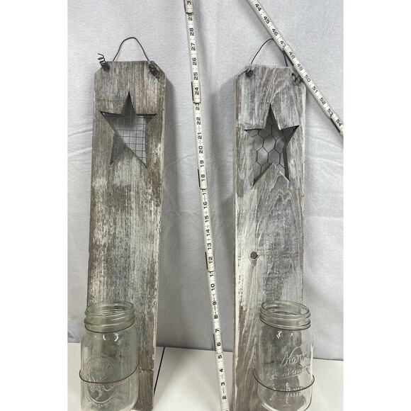 Set of Large 26" Wood farmhouse Barn Art wall hanging rustic mason jar sconces - Picture 9 of 9